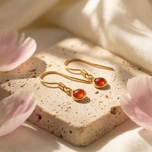 Könnte beinhalten: Ein Paar goldfarbene Ohrhänger mit kleinen, runden, polierten orange-roten Karneol-Edelsteinen. Jeder Ohrring ist an einem einfachen, gebogenen Haken befestigt und besticht durch ein schlichtes Design mit einer glatten Steinfassung.