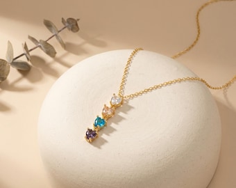 Collar vertical de latón con piedra natal en forma de corazón dorado, collar familiar personalizado, joyería dorada delicada, regalo personalizado con piedra natal para mamá.