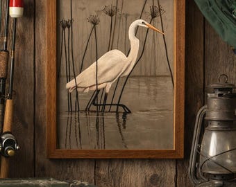 Acrylic painting of "White egret". High-resolution digital image download.