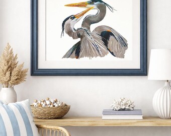 Signed Blue Heron Love Birds,  Art Print, Original Wall Art | Housewarming or Birthday Gift