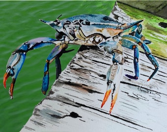 High resolution digital image download of my watercolor painting "Blue crab on deck with water background"