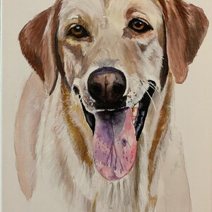 May include: A painted portrait of a Labrador Retriever dog. The dog has a light yellow coat with brown ears and a pink tongue. The dog is smiling with its mouth open, showing its teeth. The background is a plain white.