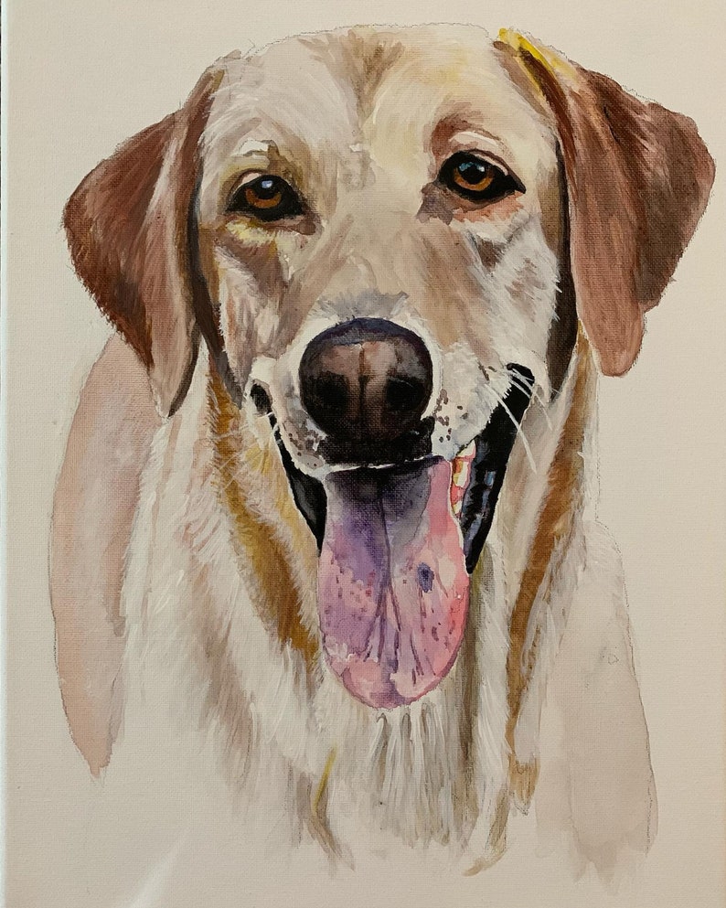 May include: A painted portrait of a Labrador Retriever dog. The dog has a light yellow coat with brown ears and a pink tongue. The dog is smiling with its mouth open, showing its teeth. The background is a plain white.