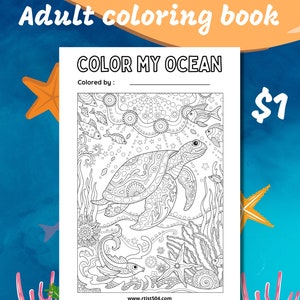Color my ocean, Coloring book for adults, ocean coloring book printable, sea creatures coloring book, 4 coloring pages - rtist504