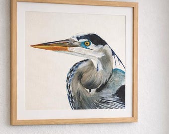 Signed Blue Heron crouched,  Art Print, Original Wall Art | Housewarming or Birthday Gift