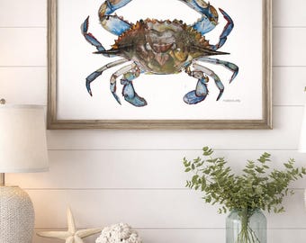 Signed Blue Crab Art Print, Original Wall Art | Housewarming or Birthday Gift