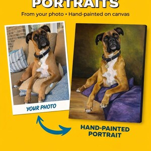 May include: A yellow graphic with the text "PAINTED PET PORTRAITS" and "From your photo &bull; Hand-painted on canvas." The image shows a photo and a hand-painted portrait of a Boxer dog. The photo is labeled "YOUR PHOTO" and the portrait is labeled "HAND-PAINTED PORTRAIT."
