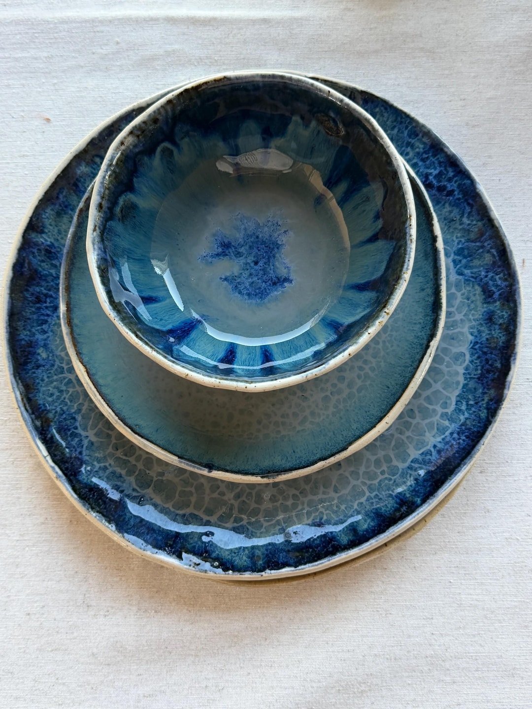 Handmade Coastal Blue Dinnerware Set for 1, Ocean Inspired Stoneware ...