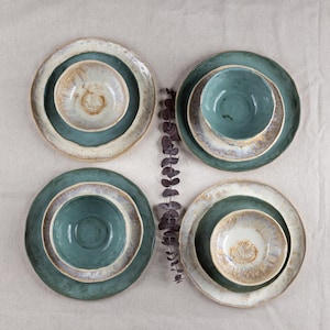Handmade Stoneware Dinnerware Set for 4: Forest Green Plates and Bowls