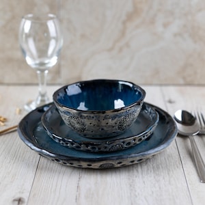 Handmade Stoneware Dinnerware Set  3 pieces (Large Plate, Small Plate Soup Bowl)Ocean Blue Finish ceramic dining plates,dinnerware plate