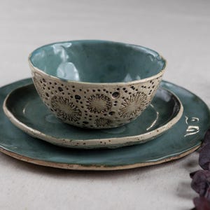 1 set handmade Ceramic Dinnerware ,dining set for 1 person Pottery Plates and Bowl Rustic Stoneware Tableware green Turquoise
