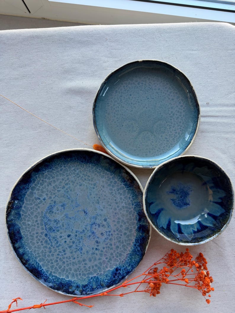 Handmade Coastal Blue Dinnerware Set for 1, Ocean Inspired Stoneware ...