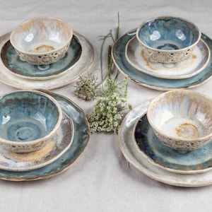 Handmade Dinnerware Set for 4 – Sand & Mist Glaze – Stoneware Plates and Bowls – Coastal Rustic Tableware