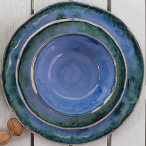1 set handmade Ceramic Dinnerware Set for 1 person Blue Green Pottery Plates and Bowl Rustic Stoneware Tableware Aegean Mist