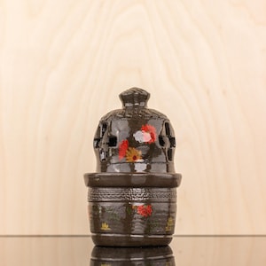 Handmade Ceramic Oil Lamp with  Floral Decals and Textured Finish
