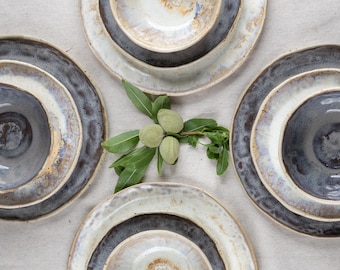 Handmade Stoneware Dinnerware Set – Rustic Coastal Ceramic Plates & Bowls for 4