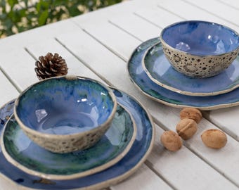 手作りブルーストーンウェア食器セット：18ピース陶器 - Etsy 日本