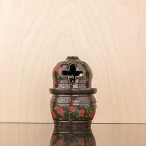 Handmade Ceramic Oil Lamp with red roses   Decals and Textured Finish