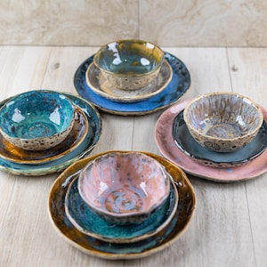 4 handmade Stoneware Dinnerware Sets for 4 persons, 12 Piece Plates and Bowls Rustic Ceramic Tableware - 25cm 19cm 18cm - High Fired 1220C