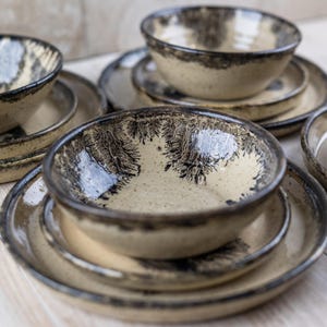 Artisan Mocca Ware Stoneware Plates and Bowl Set: Rustic Pottery Dinnerware