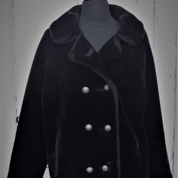 70's Vintage Women's Faux Jacket Black Plush Double Breasted Coat Med/LG