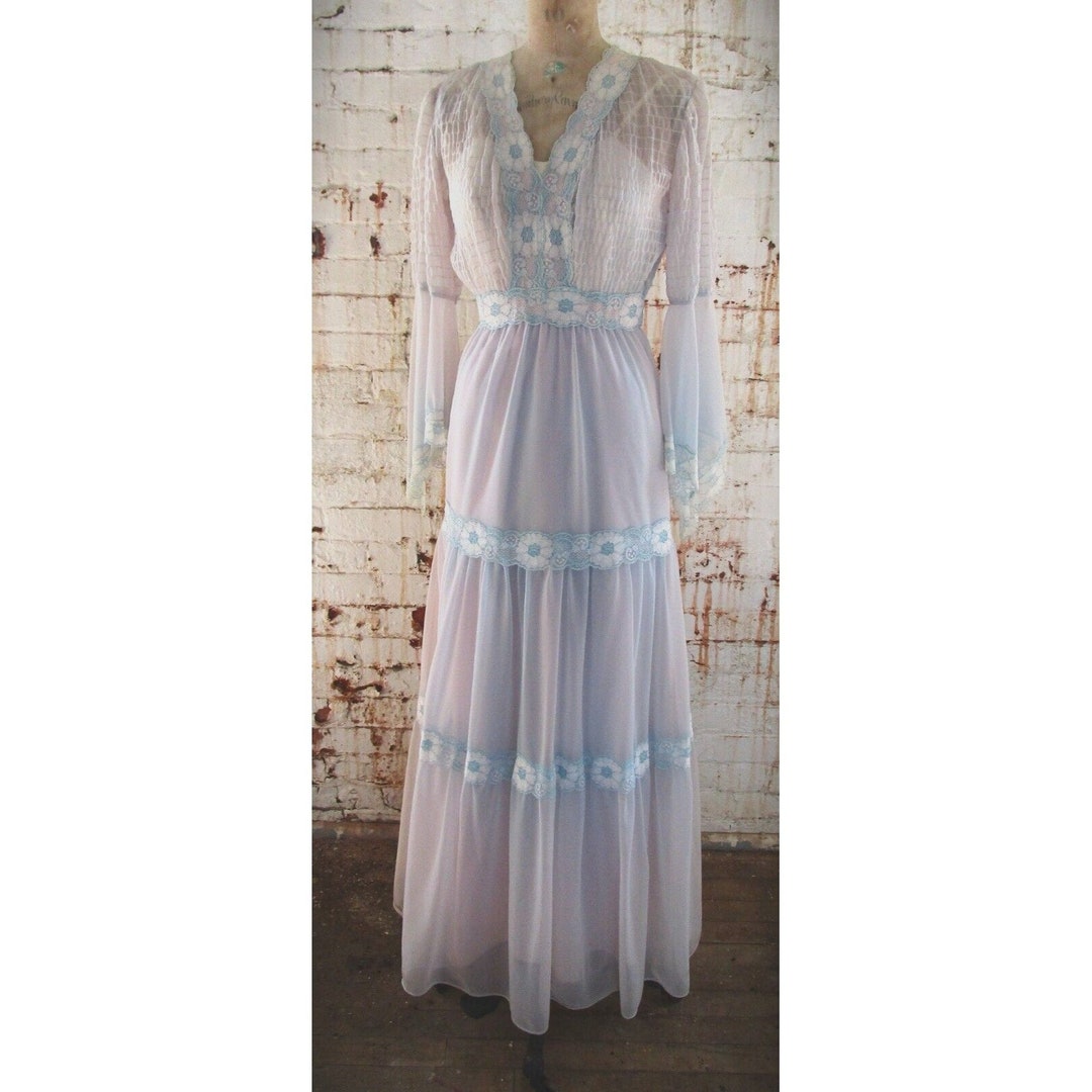 70s Maxi Dress Gunne Sax Style Angel Bat Wing Sleeves Party Prom ...