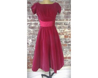 Vintage Red Velvet 1950’s Cocktail Dress Satin Sash Roses Mrs. Maisel Sm