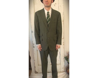60s Vintage 2 PC Donad Richard College Shop Green 2 Button Wool Suit Size M Flat Front Cuffed Pants