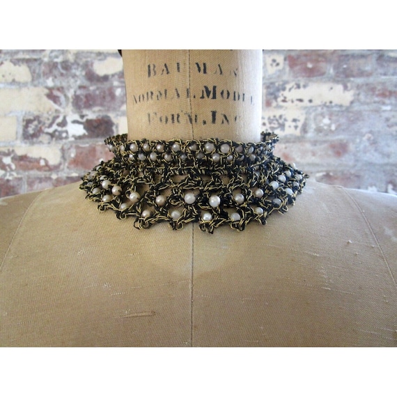 Victorian Chocker Necklace Macramé Pearl Black Go… - image 1