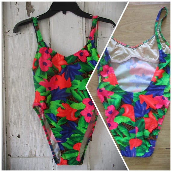 Vintage 80's CITRUS Neon Floral One Piece French Cut Swim