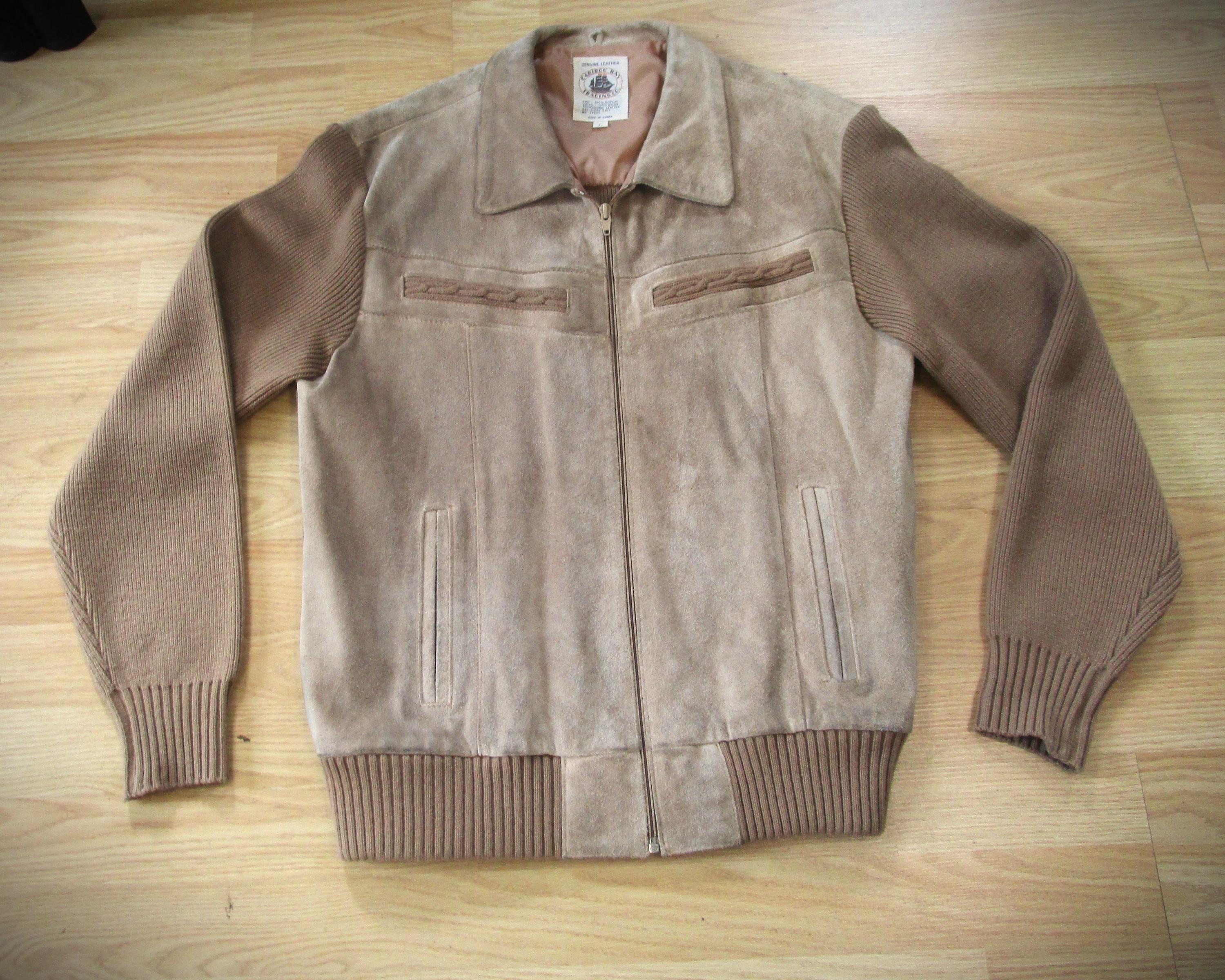 トップス 70s suede switching zipup knit 70s Vintage Beige Suede Knit Jacket Sweater Bomber / Brown
