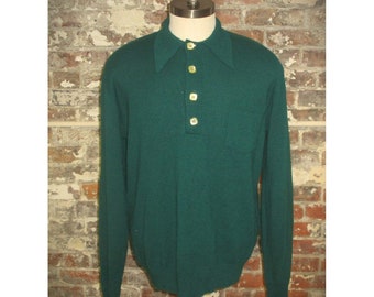 Vintage Acrylic Knit Green Collared Long Sleeve Henley Pullover Sweater US Men's Large
