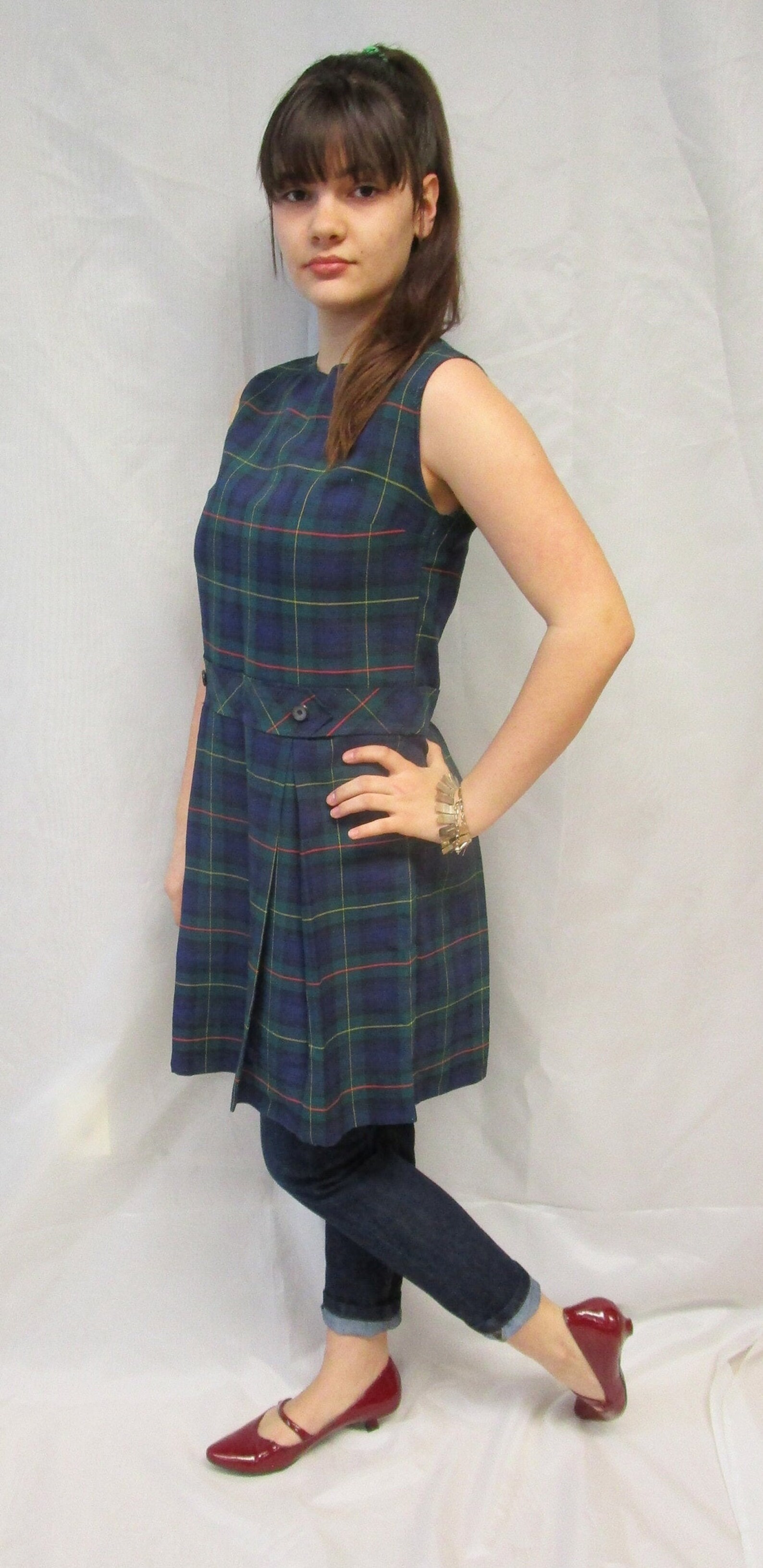 Vintage Plaid School Uniform Dress Black Green Tartan Plaid Etsy