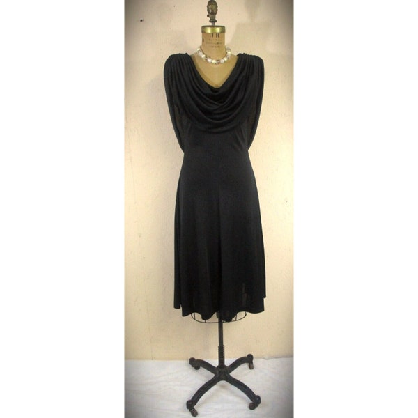 70's Vintage Cowl Drape Little Black Cocktail Dress Marshall Rousso Las Vegas Size 11/34" Bust