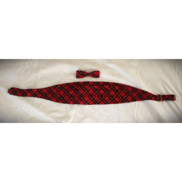 Vintage Cummerbund Red Tartan Plaid with Matching Clip on Bowtie