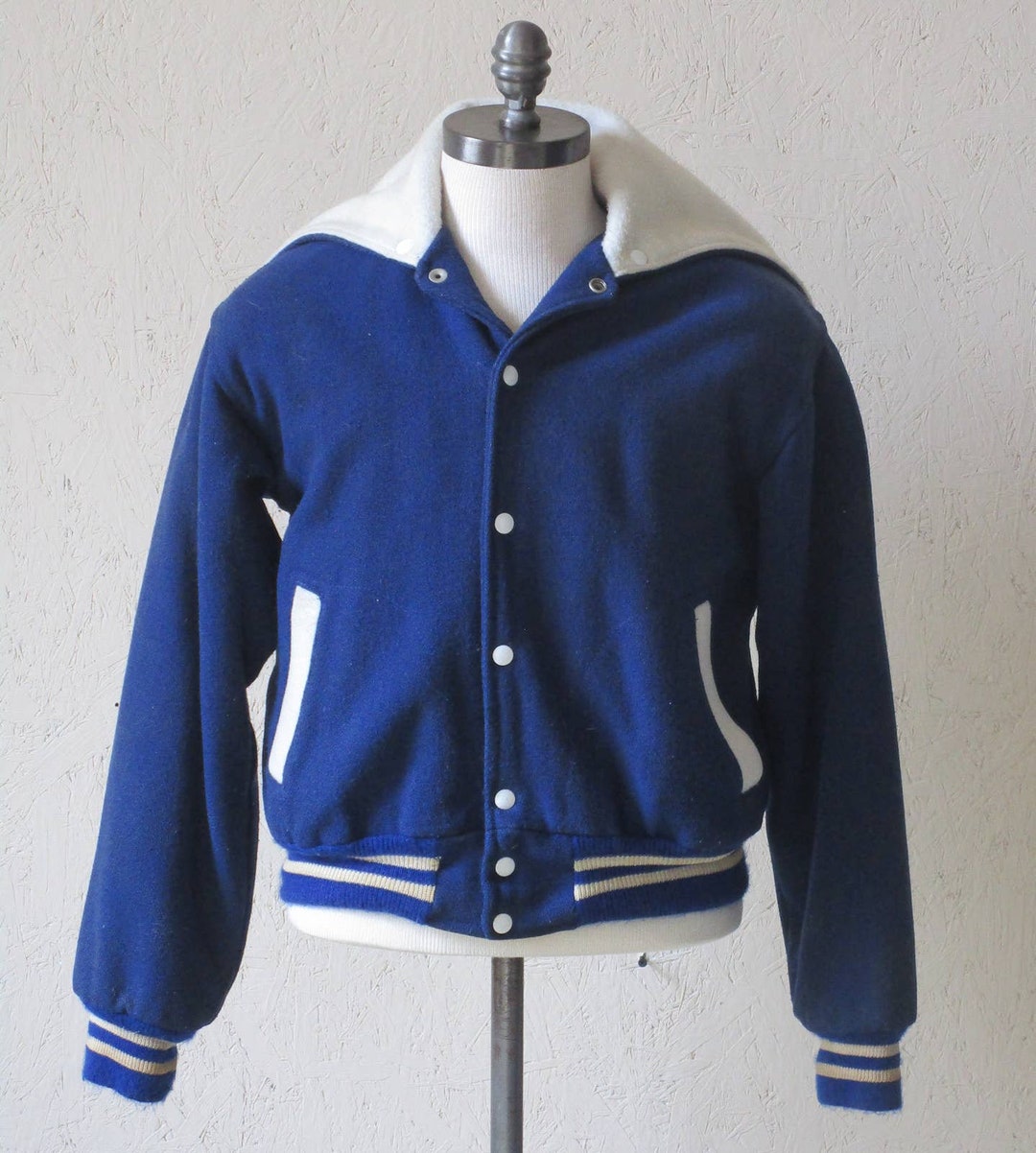 70's Vintage Blue Wool Letterman Jacket Zip Hood Felt Etsy