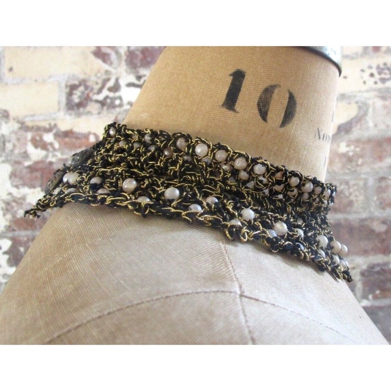 Victorian Chocker Necklace Macramé Pearl Black Go… - image 3
