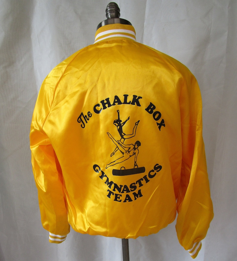 Vintage WestArk Gold Satin Bomber Jacket 1970/'s-80/'s The Chalk Box Gymnastics Team Snap Front Jacket Size M Made in USA
