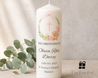 Personalised Christening Candle for Girl | Pink Baptism Keepsake Gift