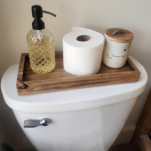 Farmhouse Bathroom Tray Natural Wood Storage Organizer Display Box Rustic Vanity Collection Custom Size Options Premium Pine Construction Raised Edge Design Perfect Bathroom Organization Elegant Home Decor Beautiful Cosmetic Display