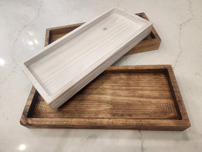 Farmhouse Bathroom Tray Natural Wood Storage Organizer Display Box Rustic Vanity Collection Custom Size Options Premium Pine Construction Raised Edge Design Perfect Bathroom Organization Elegant Home Decor Beautiful Cosmetic Display