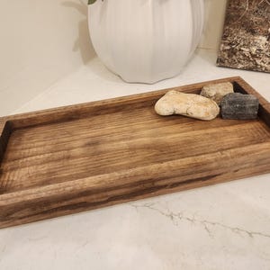 Farmhouse Bathroom Tray Natural Wood Storage Organizer Display Box Rustic Vanity Collection Custom Size Options Premium Pine Construction Raised Edge Design Perfect Bathroom Organization Elegant Home Decor Beautiful Cosmetic Display