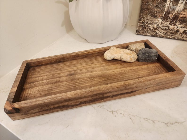 Farmhouse Bathroom Tray Natural Wood Storage Organizer Display Box Rustic Vanity Collection Custom Size Options Premium Pine Construction Raised Edge Design Perfect Bathroom Organization Elegant Home Decor Beautiful Cosmetic Display