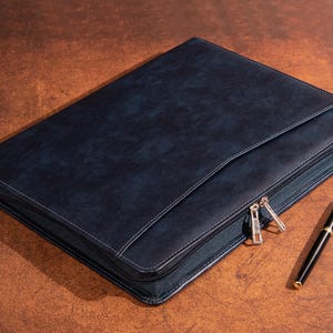 Personalizowane skórzane portfolio PU, męskie skórzane portfolio w kolorze granatowym, zamykane na suwak, uchwyt na notatnik a4, etui na iPada, prezenty świąteczne