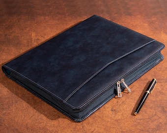 Personalized PU Leather Portfolio, Men's Navy Blue Leather Portfolio, Zippered Padfolio, a4 Notepad Holder, iPad Case, Christmas Gifts