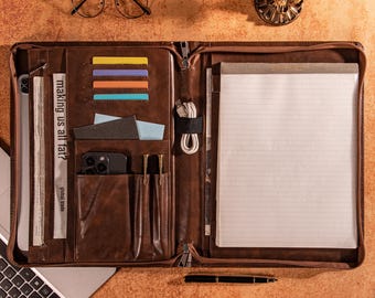 Dark Brown PU Leather Zipper Portfolio, US Letter Padfolio with Custom Name and Logo, iPad Case