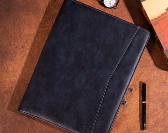 Men's Navy Blue Leather Portfolio, Zippered Padfolio, Personalized PU Leather Portfolio,  a4 Notepad Holder, iPad Case, Christmas Gifts