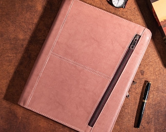 Personalized Vegan Leather Portfolio, Zippered Folio,Women Pink Leather Portfolio,A4 Notepad Holder,iPad Case, Christmas Gifts, Gift for Her