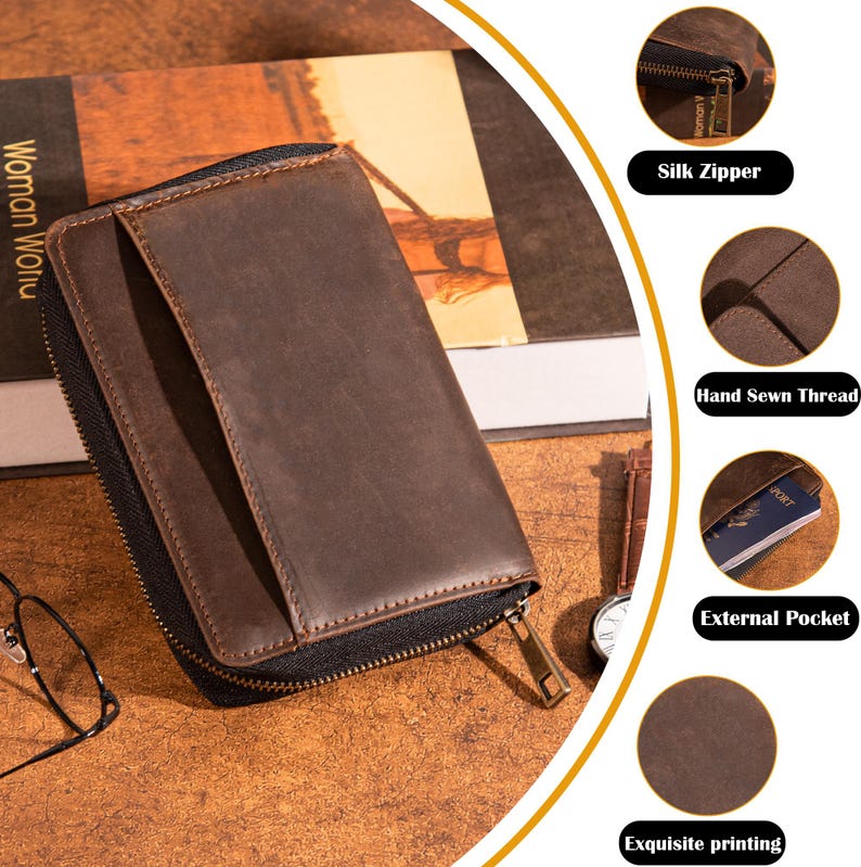May include: A brown leather wallet with a black zipper, external pocket, and hand-sewn thread. The wallet is displayed on a wooden surface next to a book. The text "Silk Zipper", "Hand Sewn Thread", "External Pocket", and "Exquisite printing" are visible.