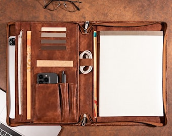 Personalized Leather Portfolio, Zippered A4 Padfolio with Tablet Pocket, Custom Name Business Organizer, Employee or Corporate Gift